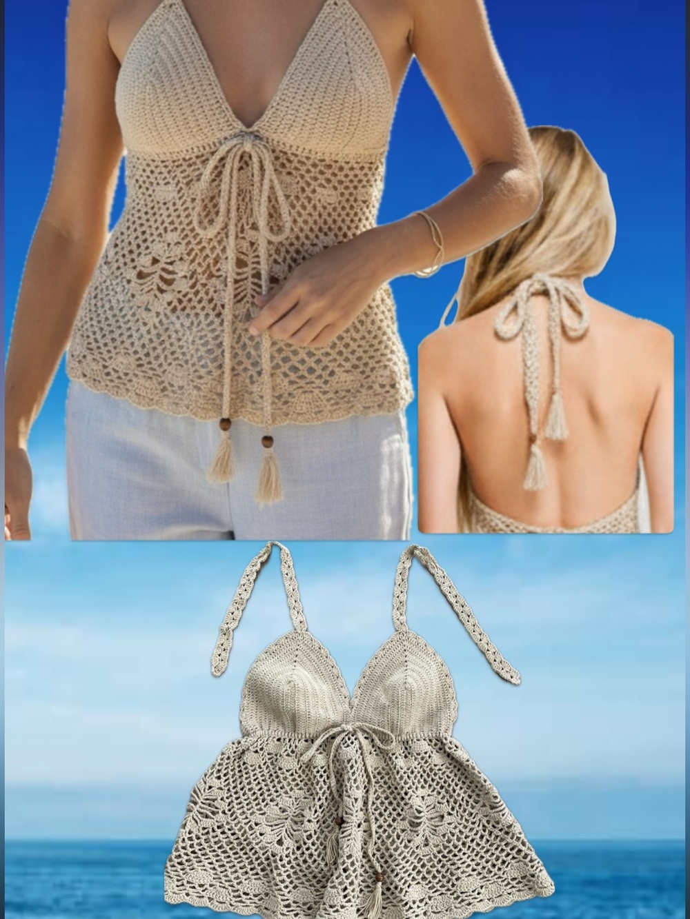 100% Wool Handmade Crochet Tie-Front Halter Tankini Top 🔥 - Cream, One Size - Picture 10 of 13